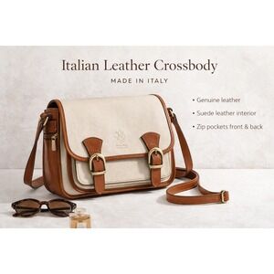 Italian Leather Crossbody Bag • Cream & Cognac • Made in Italy~Classic Old Money